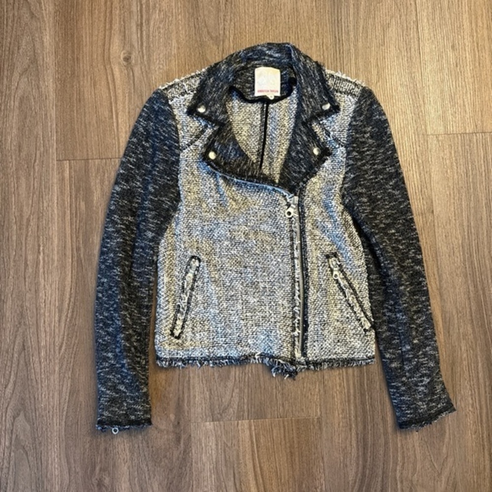 Rebecca Taylor lightweight Black and white Tweed zip front motorcycle Jacket 4